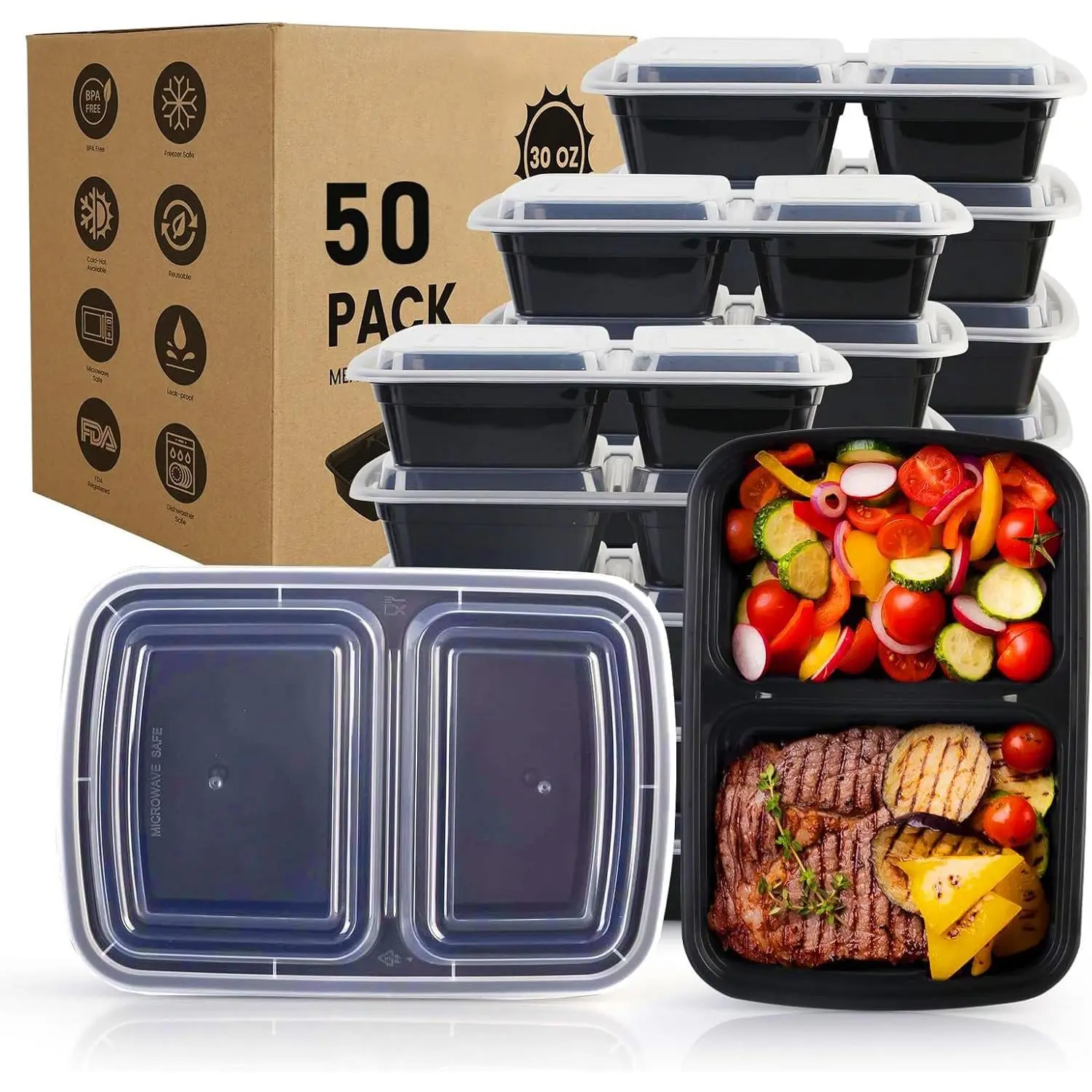 Meal Prep Containers 50 Pack - 2 Compartment  Containers with Lids, To Go  Containers , carry out Container With Lids Microwave, Dishwasher, Freezer Safe 30 oz