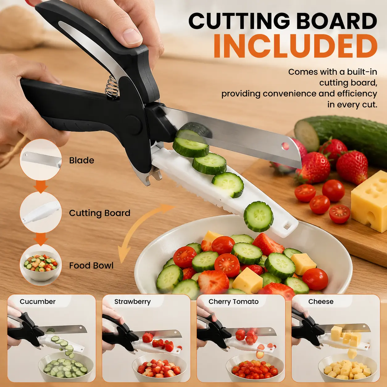9.5in 2-in-1 Kitchen Scissors with Stainless Steel Blade, Plastic Cutting Board and Safety Lock - Multi-Functional Kitchen Utensil for Soft Vegetables, Cheese, Fruit Cutting