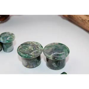 Polished Grade A Moss Agate Single Flare Plugs-Gauges, Natural Crystal Jewelry Accessories for Stretched Ear Piercings