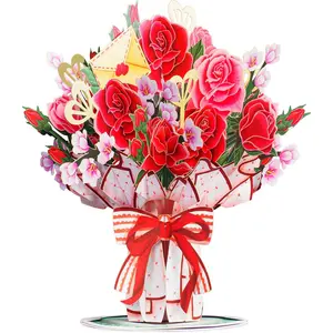 Flower Bouquet Pop Up Card, with ly Rose Bouquet Forever Keepsake,  for Birthday, Wedding, Anniversary, Graduation, Get Well, Thank You, Mothers Day, Valentines Day,  Occasion -  10" x 7" Cards - with Envelope And Note Card