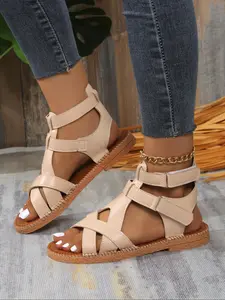 Women's Fashionable Gladiator PU Leather Sandals, Casual Versatile Buckle Decorated Sandals for Summer, Lightweight Comfortable Shoes for Daily Wear, Girl, Lightweight Strappy Sandals