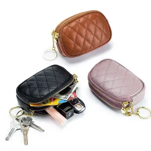 Women's Classic Quilted Leather Handheld Pouch - Dual Zipper Mini Coin Purse, Lightweight Puffy Plaid Envelope-Closure Cash Bag (Spring Glow Up Collection) | Leather, EDC, Compartmentalized, Cute-Shaped, Fashion Women's Wallets for Daily Outdoor Use, Leat
