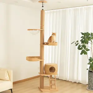 LULUCAT Cat Tree Cat Tower, 97” Floor to Ceiling Cat Climbing Pole with Wicker Cat Bed, Acrylic Bowl & Scratching Posts, Adjustable Tension Rod Cat Condo for Large Cats, Natural Wood Look (White)