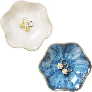2PCS Lotus Leaf Shape Ring Holder Dish, Small Key Bowl, Ceramic Trinket Tray Jewelry Dish Organizing Necklace Earrings  Mom Friend Sister, All Jewelries Are NOT Included. White+Light Blue.