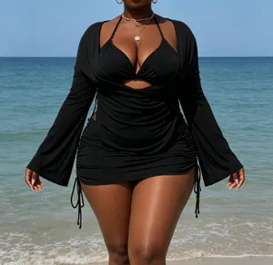 Plus Size Black 3-Piece Swimwear Set - Halter Neck Bikini Top with Center Cutout, Ruched Side-Tie Swim Dress and Sheer Mesh Bell Sleeve Cover-Up, Perfect for Beach Vacations, Pool Parties and Tropical Getaways Summer Vibes