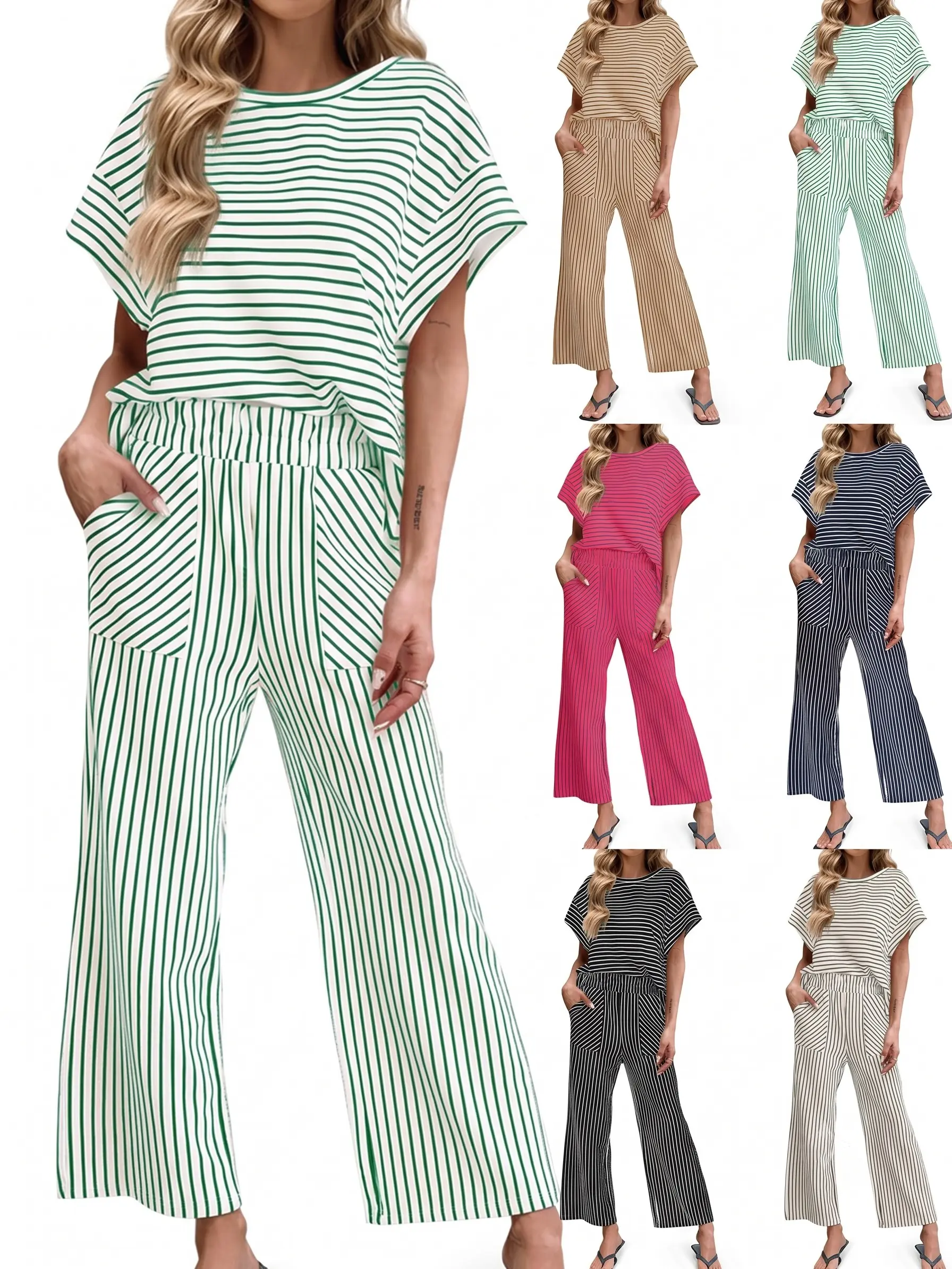 Women's Summer 2-Piece Lounge Set, Casual Short Sleeve Crewneck Top & Wide Leg Pants Matching Set, Soft Comfortable Striped Vacation Outfit
