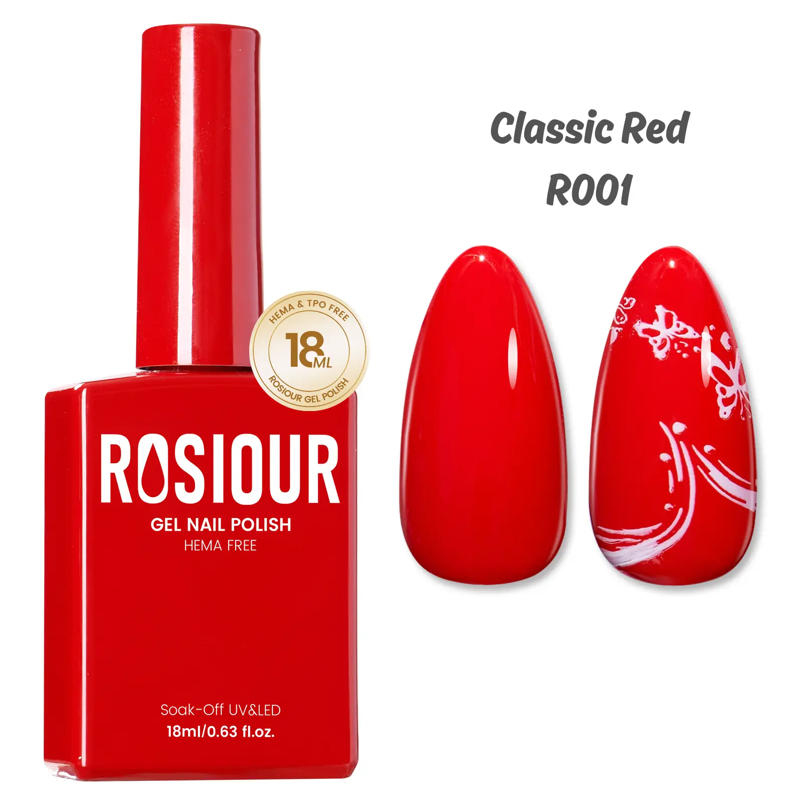 ROSIOUR 18ml Gel Polish | Classic Red R001 | HEMA-Free, TPO-Free | Rich Pigment, Smooth Coverage, Glossy Finish | Perfect for Nail Art & DIY Manicures