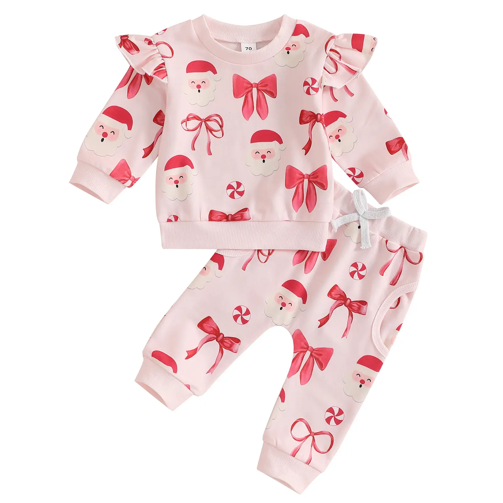 Baby Girl Christmas Outfits Bow Crew Neck Long Sleeve Santa Claus Printed Girls Tops with Pants