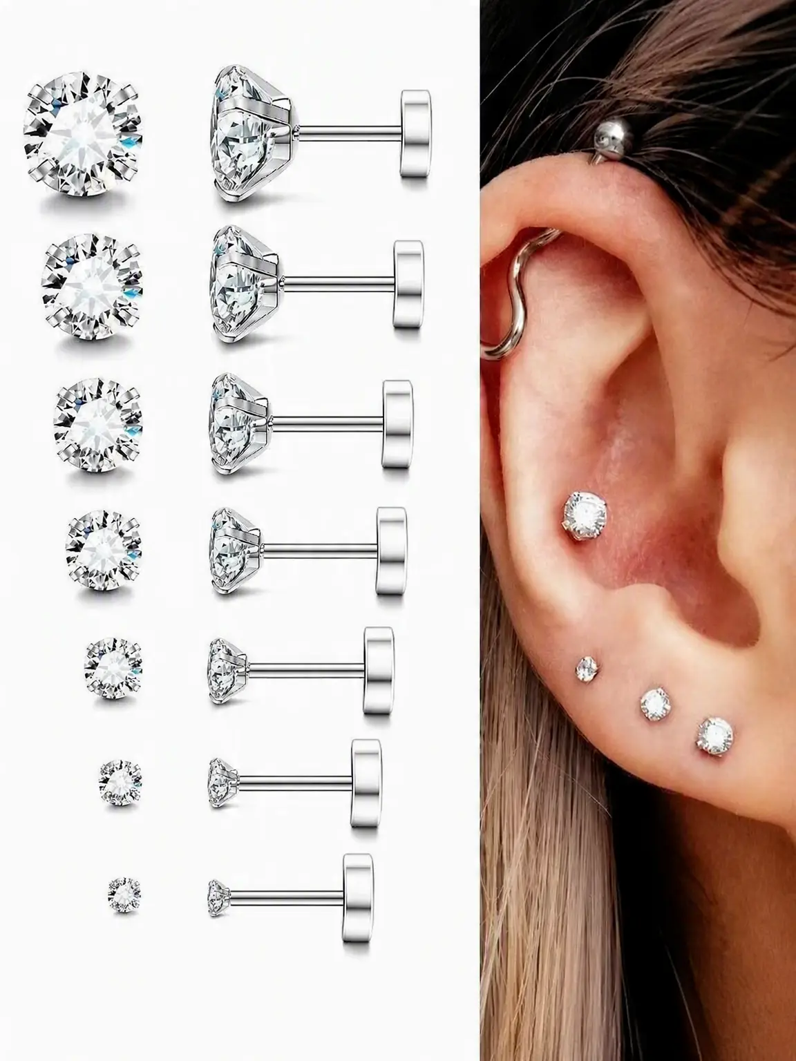 BELLA 7-Pair Flat-Back Stud Earring Set, UnisexHypoallergenic Anti-Rust Steel Cubic Zirconia Pieces, 2-8mm for Sensitive Earlobes, Piercing Stack Jewelry, StudEarrings, Earring Stack