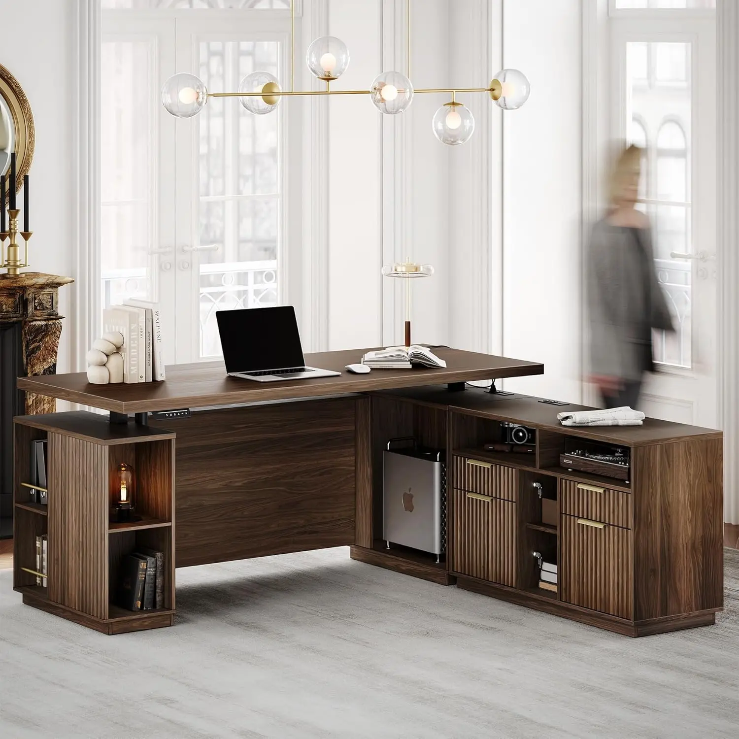 70" L-Shaped Executive Electric Standing Desk with File Cabinet, Height-Adjustable Corner Workstation with AC/USB Charging Ports and Privacy Panel for Home or Office, Black Walnut Finish