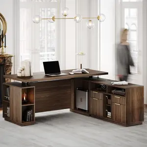 70" L-Shaped Executive Electric Standing Desk with File Cabinet, Height-Adjustable Corner Workstation with AC/USB Charging Ports and Privacy Panel for Home or Office, Black Walnut Finish