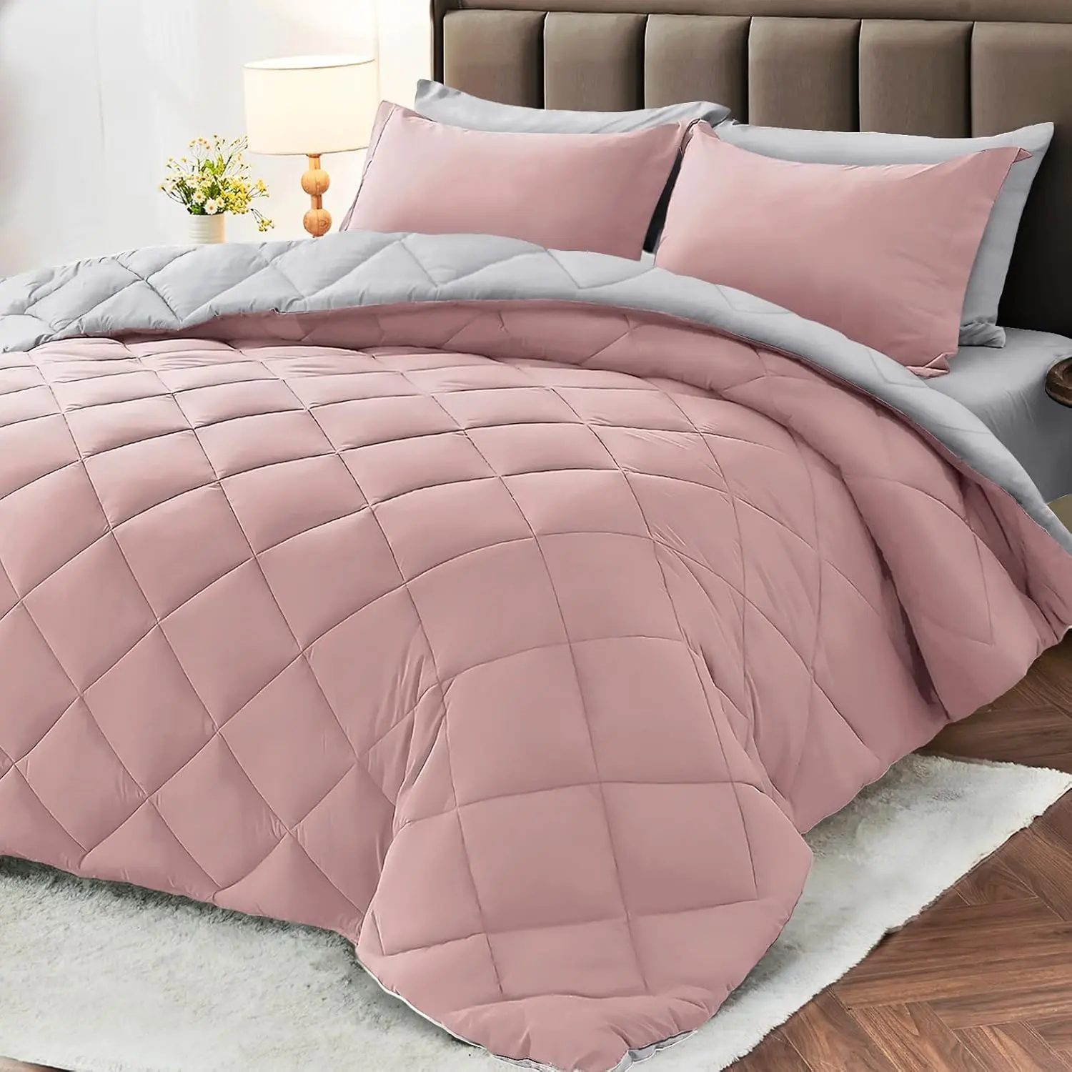 5-Piece Modern Twin Size Bedding Set - Reversible Dual-Tone Pink & Light Grey, Comforter, Flat Sheet, Fitted Sheet, Pillowcases, Shams, 14" Deep Elastic Pockets, Square Stitching, Breathable, Durable, Low Heat Safe, Everyday Use, Includes Storage Bag