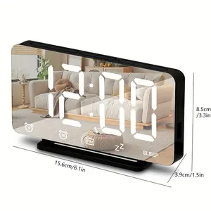 New 1pc Digital Radio Alarm Clock Electronic Clock 6.7 inch LED Large Display Mirror Clocks Office 2 Alarms/FM Radio/USB Charging Port Desk Clock Snooze Function 3 Levels Brightness Modern Clock for Bedroom Home Living Room Decor Plastic