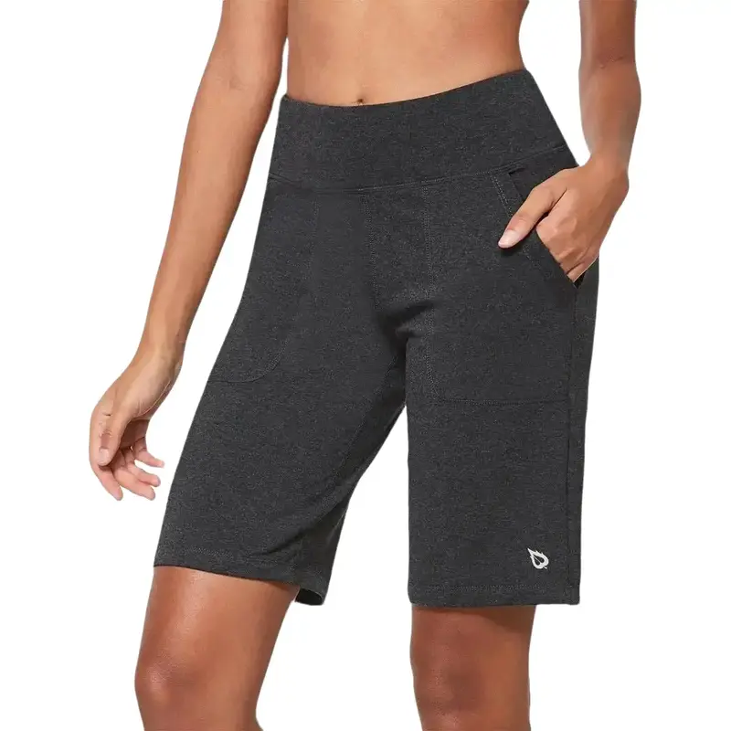 Baleaf Women's High-Waisted 10" Bermuda Knee-Length Athletic Cut Shorts, Quick-Dry Fitness Workout Casual Sport Shorts with Back Zipper Pocket, Breathable Wear for Summer Running