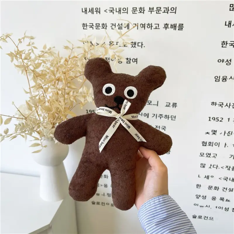 Cute Korean‑Style Simple Brown Teddy Bear Plush Toy, Bow‑Tie Wearing Mini Bear Stuffed Doll, Kawaii Minimalist Cottage‑Core Home‑Style Plush