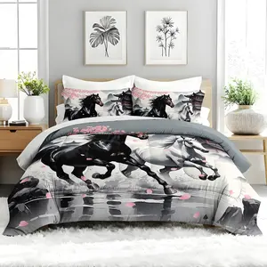 3pcs Horse & Cherry Blossom Comforter Set, Ink Style Themed Duvet Set for Girls and Adults Bedroom or Guest Room Decor, Lightweight Soft All Seasons Comforter Machine Washable Microfiber Quilt with 2 Pillowcases, Gifts for the Family