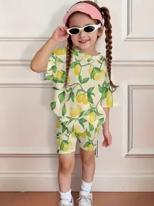 Summer Fresh Lemon Leaf Top & Tight Shorts Set, Casual Asymmetrical Design, Short Sleeve, Regular Length, Natural Waist, Random Print