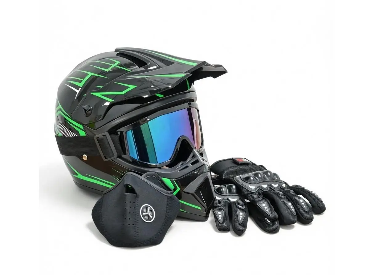 Windproof Breathable Full Face Helmet, DOT Approved Black Green Tactical Motorcycle Helmet with Goggles & Gloves, Off-Road Crash Safety Helmet for Adults, ATV, Motocross, Dirt Bike, E-Bike & Off-Road Riding
