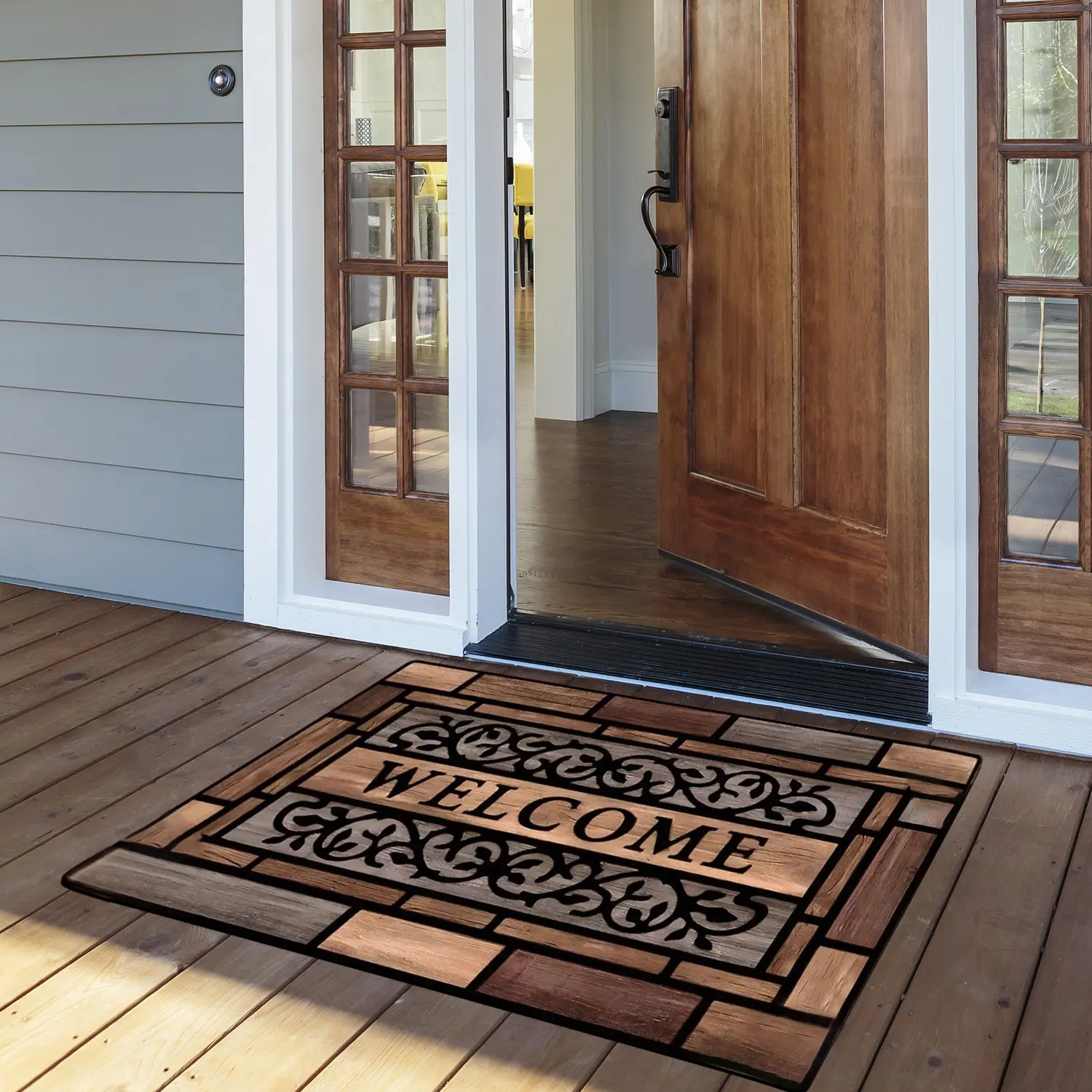 Modern Farmhouse Non-Slip Polyester Doormat - Brown Geometric Pattern, Durable Functional Rug to Enhance Rustic Charm for Front Door Entryway, Bathroom