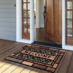 Farmhouse Welcome Mat Brown Geometric Pattern Doormat Durable Non Slip Polyester Rug for Front Door Entryway Bathroom Decor