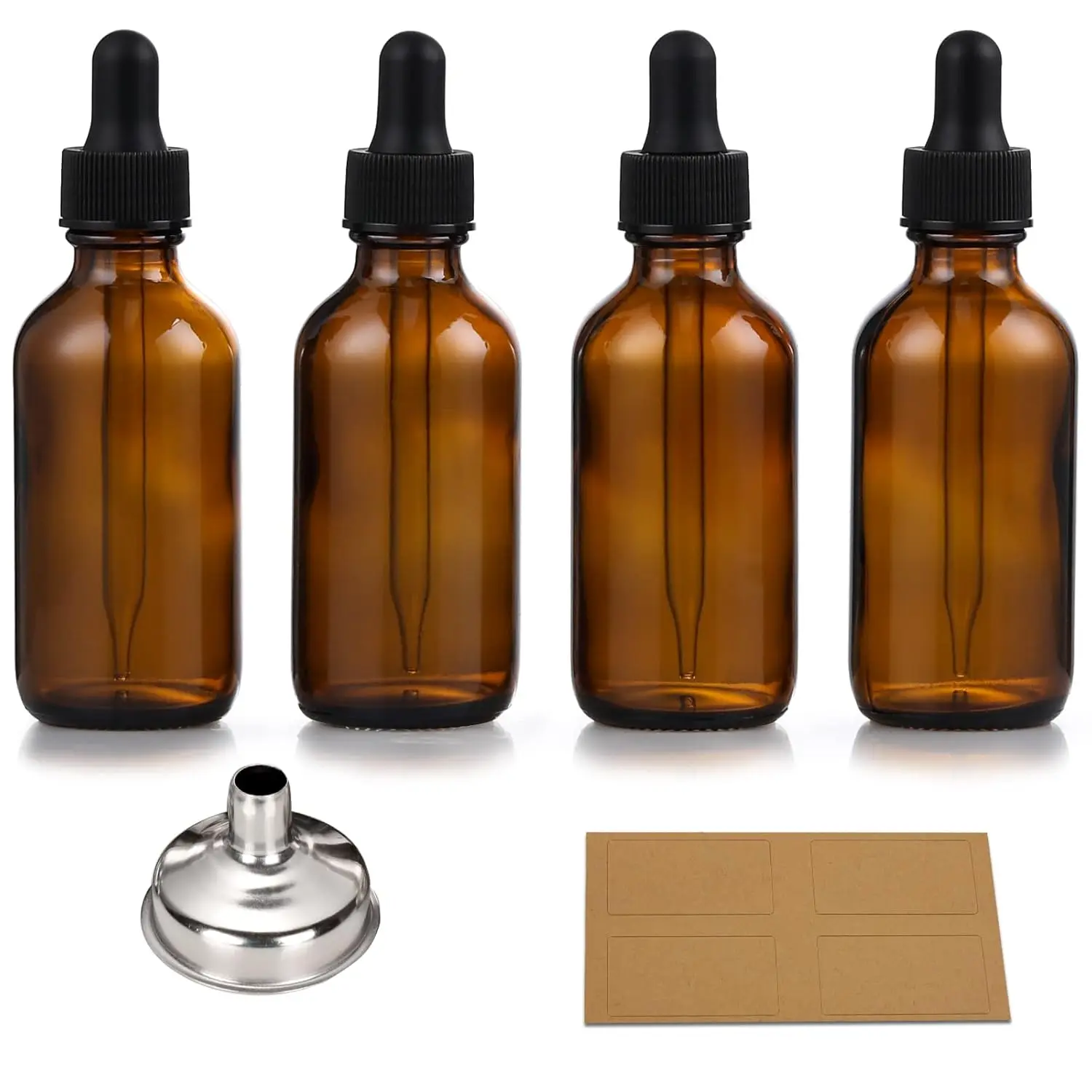 Set of 4, 1 oz Eye Dropper Bottles with 1 Stainless Steel Funnels & 4 Labels - 30ml Thick Dark  Glass Tincture Bottles - Leakproof Essential Oils Bottle for Storage and Travel