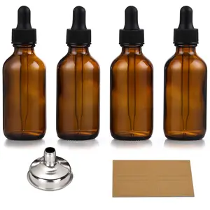 Set of 4, 1 oz Eye Dropper Bottles with 1 Stainless Steel Funnels & 4 Labels - 30ml Thick Dark  Glass Tincture Bottles - Leakproof Essential Oils Bottle for Storage and Travel