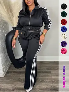 Women's Casual Patchwork Sportswear Set, Zipper Stand Collar Top + High Waist Loose Pants, Two-Piece for Daily Wear, Athletic Fashion Activewear, Athleisure Wear Set
