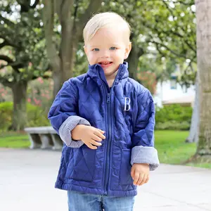 Navy Quilted Coat for Kids with Gingham Trim