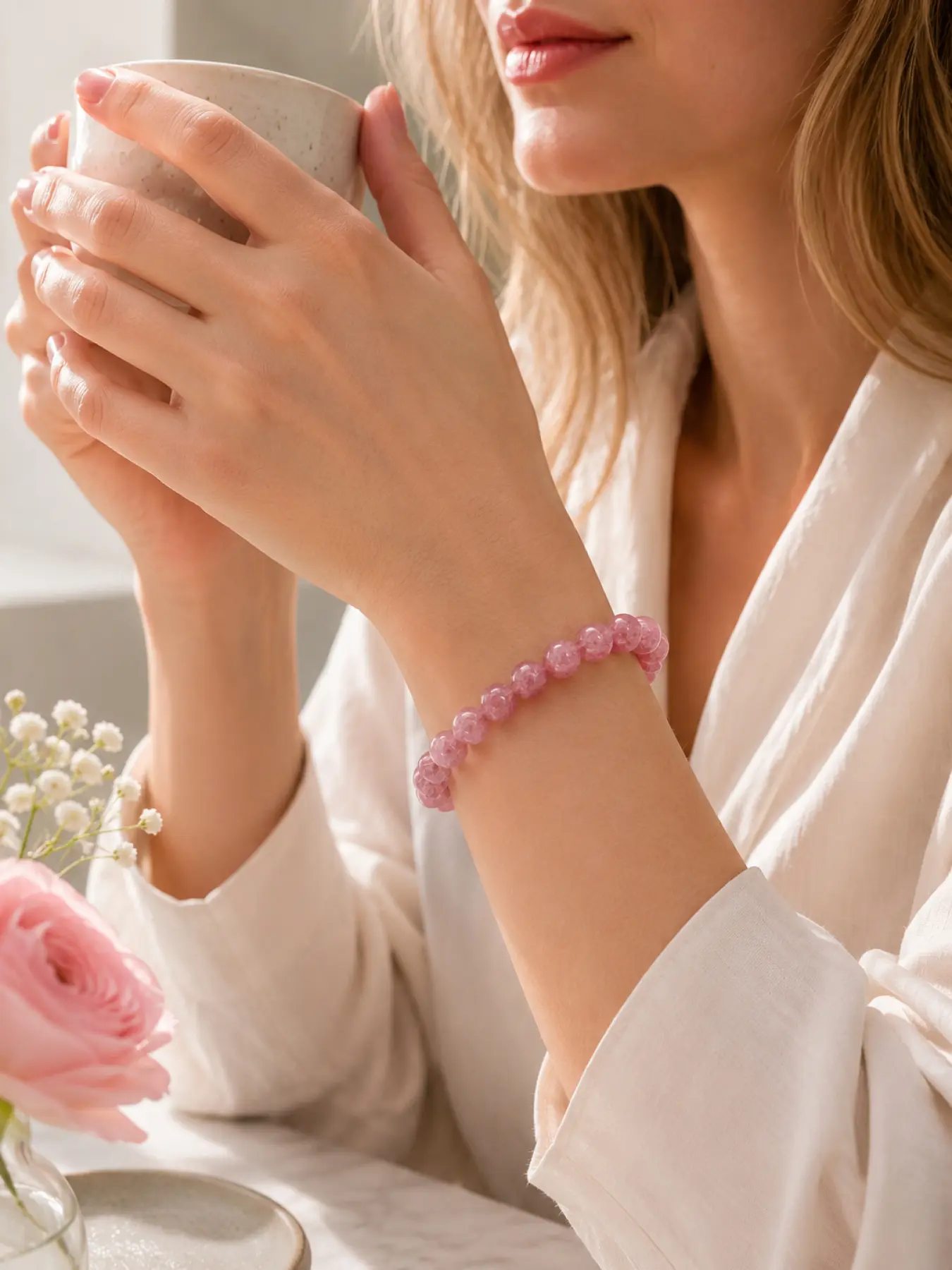 Fashionable Natural Stone Strawberry Quartz Elastic Bracelet for Women and Girls, Polished Pink Beaded Bracelet, Trendy All Match Jewelry for Daily Wear Party Date Night, Valentine Christmas Halloween Birthday Holiday Gift for Mom Wife Girlfriend