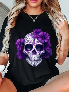 100% Cotton Unisex Purple Floral Black Sugar Skull Day Of The Dead Mexican Pray T-Shirt Casual Top