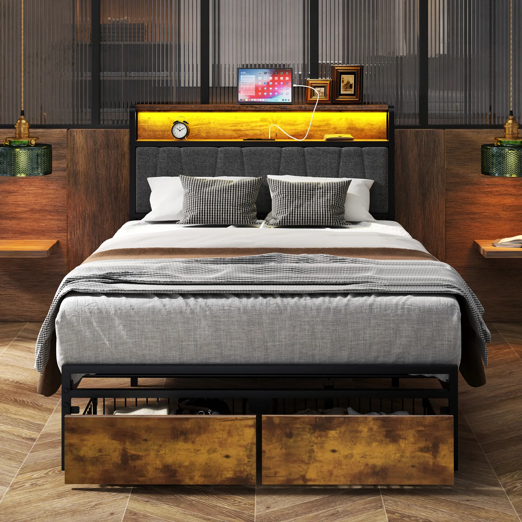 Dlandhome Bed Frame with Two Storage Drawers Smart RGB Mood Lighting Bedside Storage Charging Combo Easy Assembly
