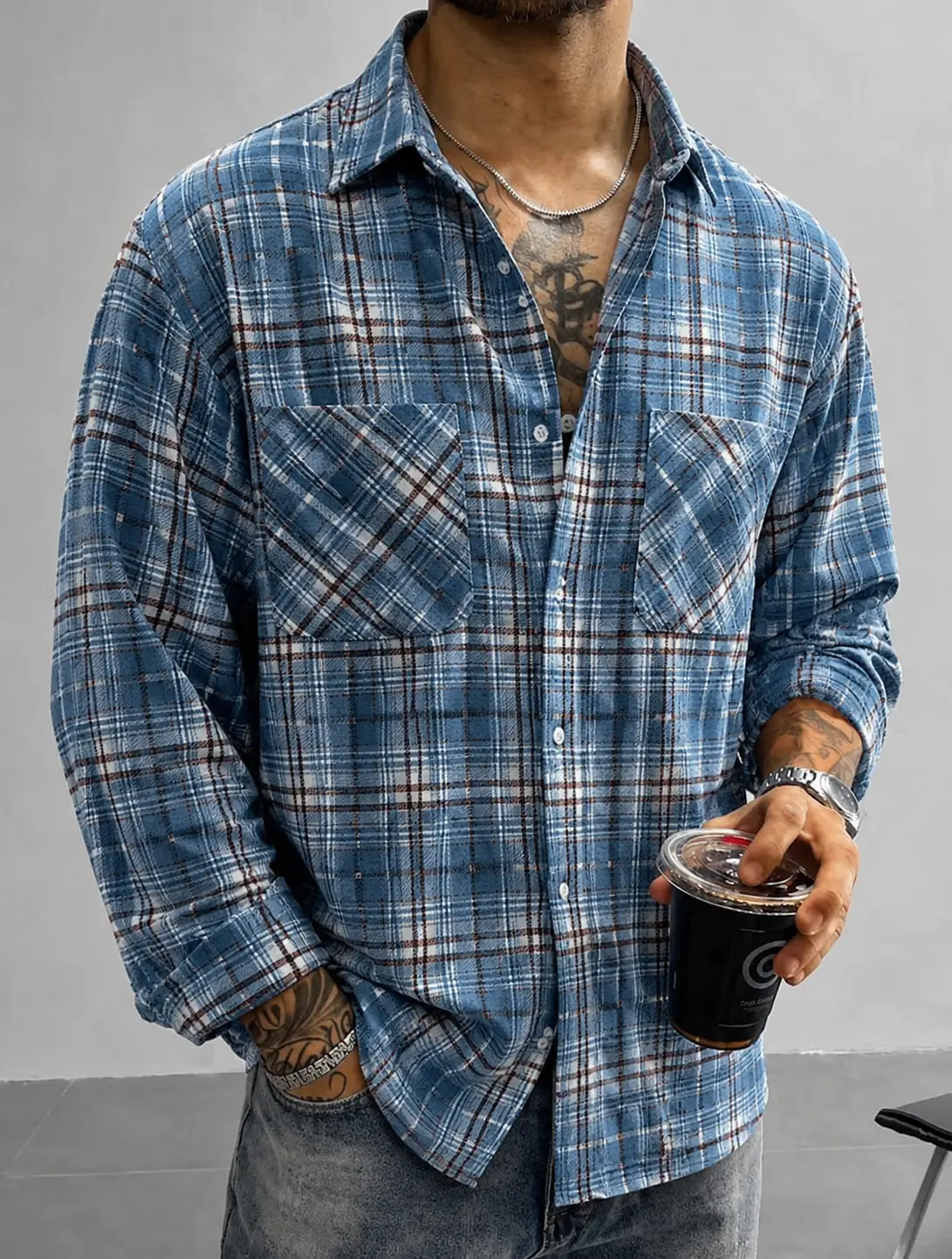 Men's Plaid Long Sleeve Button Up Shirt Casual Cotton Blend Shirt with Dual Chest Pockets for Work & Everyday Wear