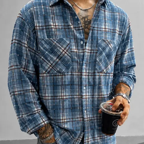 Men's Plaid Long-Sleeve Button-Up Cotton Blend Shirt with 2 Chest Pockets - Casual, Suitable for Work & Everyday Wear