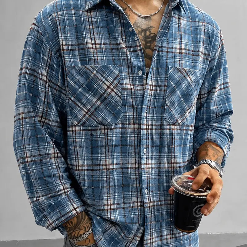 Men's Plaid Long-Sleeve Button-Up Cotton Blend Shirt with 2 Chest Pockets - Casual, Suitable for Work & Everyday Wear