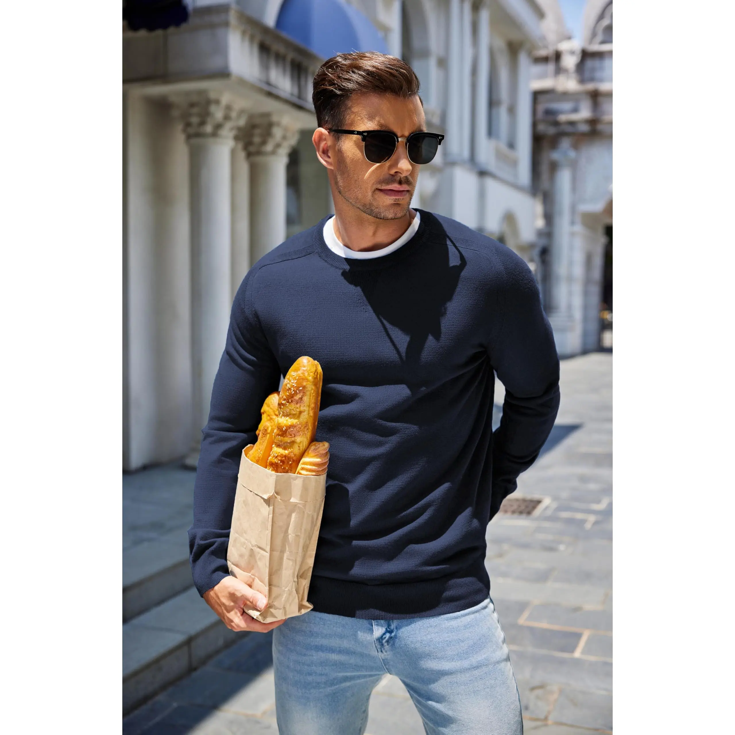 COOFANDY Men's Smooth Polyester Crewneck Pullover Sweater - Long Sleeve, Lightweight, Plain Knit, Slim Fit Triangle Sweatshirt for Men's Tops, Fabric, Menswear, Ribbed, Classic, Matching, Knitwear, Hem, Casual, Longsleeves, Basic