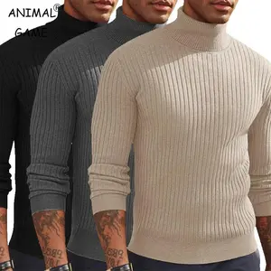 Men’s Autumn Slim-Fit Long-Sleeve Turtleneck Casual Knitted Pullover for Outdoor Winter Wear — Warm, Thick, Heavyweight Knitwear in Beige/Black, Extended Length, Simple Design