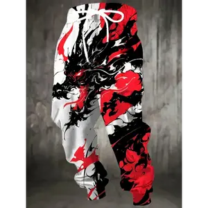 Men’s casual joggers with 3D dragon print, drawstring and pockets, polyester knit fabric, slight stretch, regular fit, all-over print design, comfortable home sleepwear (1 piece).