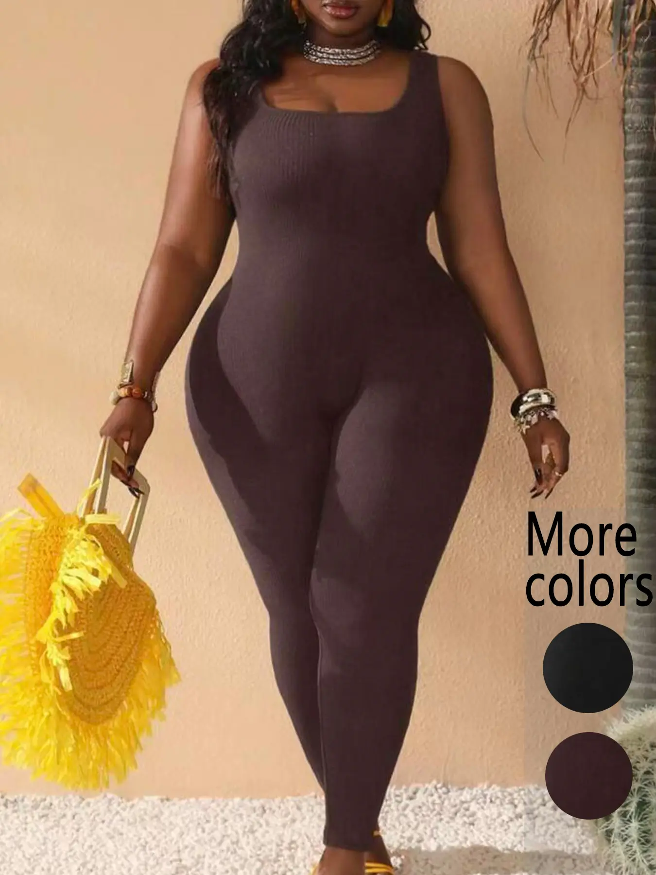[Plus Size]1 Piece  Women's Square Neck Sleeveless Bodycon Jumpsuit, Trendy Casual Style, Stretchy Elastic Knitted Fabric & Curve-Hugging Fit, Sleeveless Square Neck Design, For Curvy Fashionistas, Perfect for Summer Streetwear, Beach Vacations