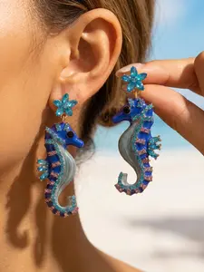 Tropical Island Vacation Style Fun Lightweight Bohemian Atmosphere Exaggerated Blue Rhinestone Seahorse Earrings, Pair of Unique Jewelry