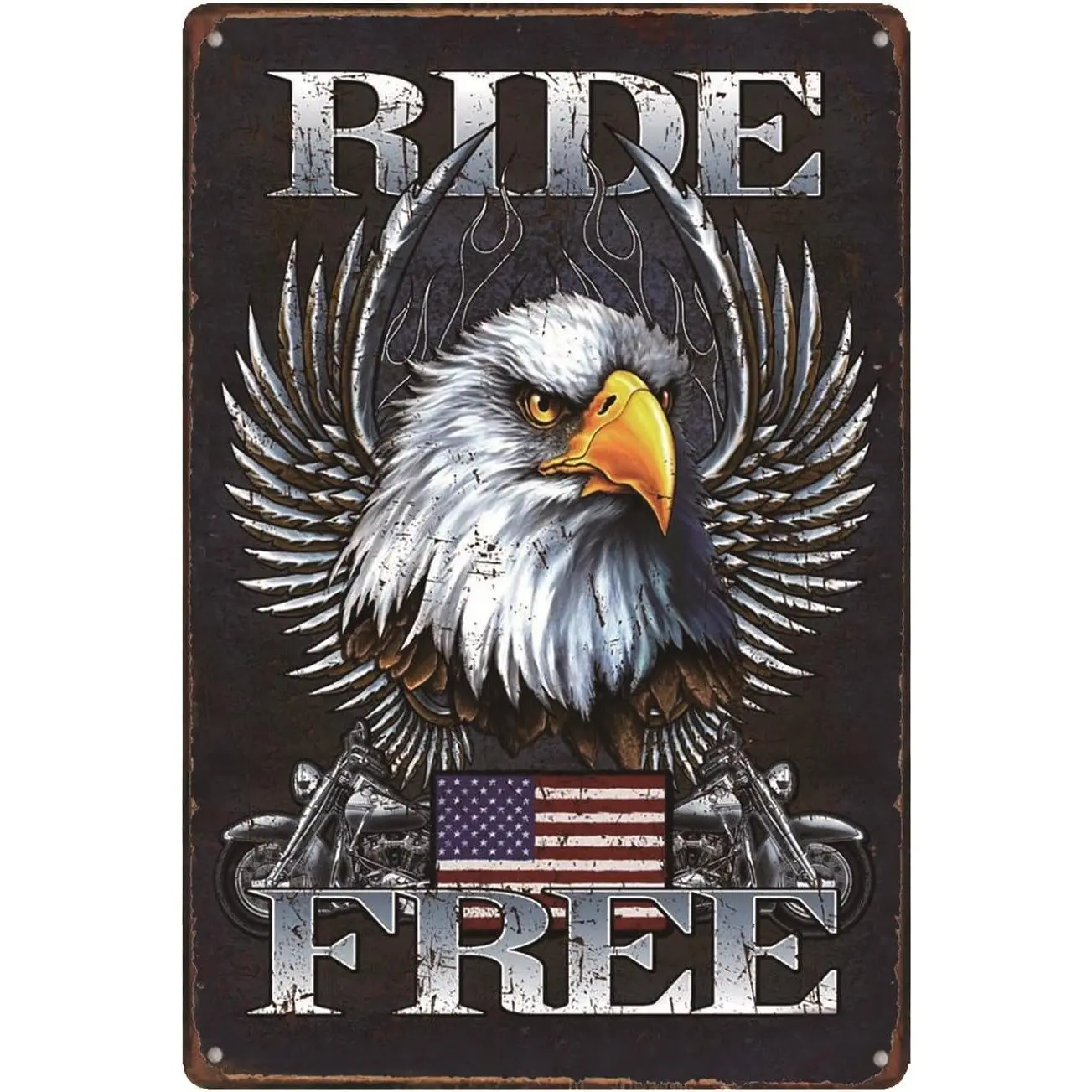 Metal Garage Tin Sign - 12"x8" Distressed Legend Ride Free Design with American Bald Eagle & USA Flag, Home Decor for Rooms, Bird-Themed Spaces