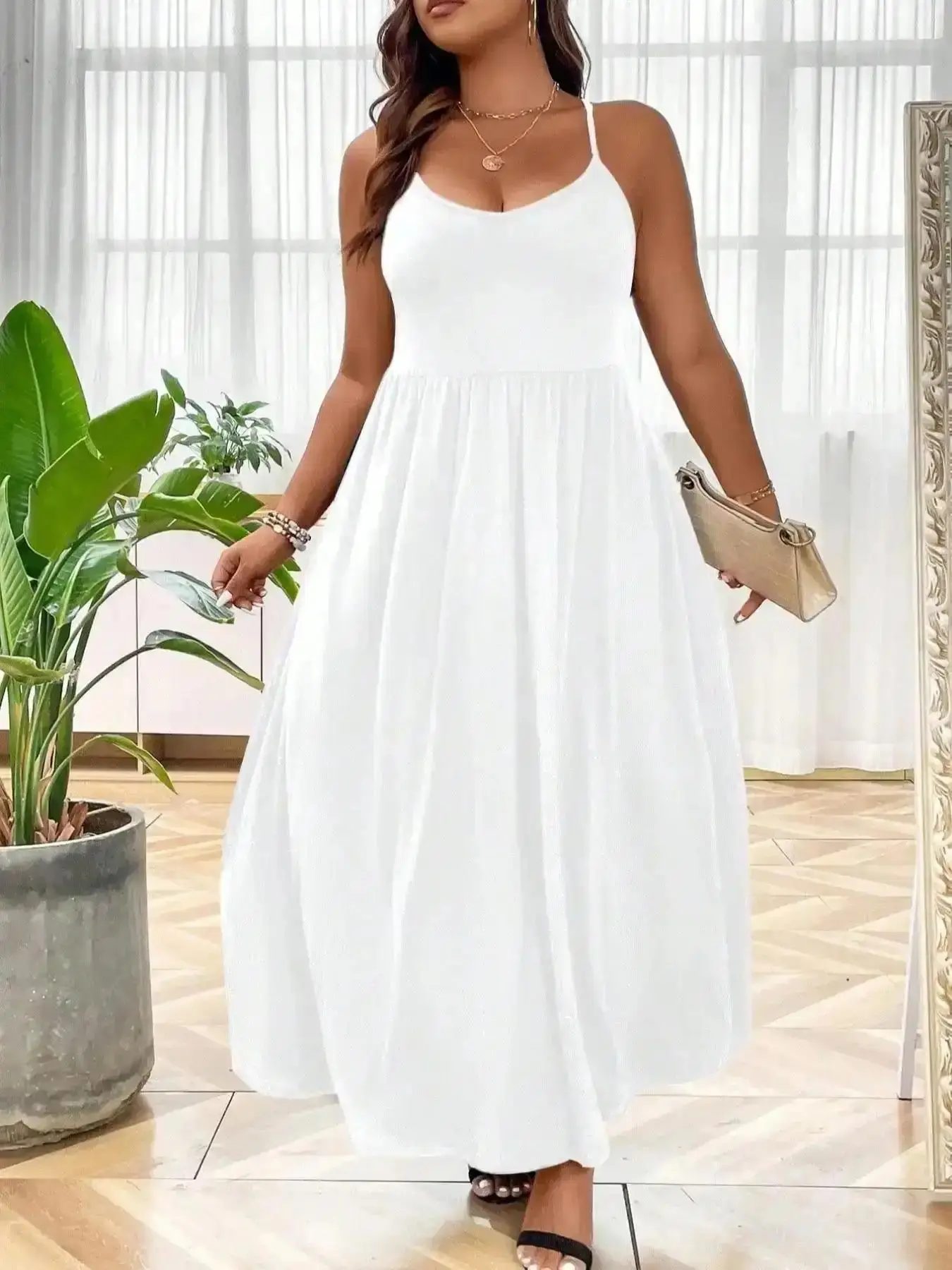 Criss Cross Backless Cami Dress, Casual Solid Sleeveless Spaghetti Strap A-Line Dress for Summer, Women's Clothes for Party Holiday, Classy, Elegant, Flowy, Relaxed, Smooth, Stylish