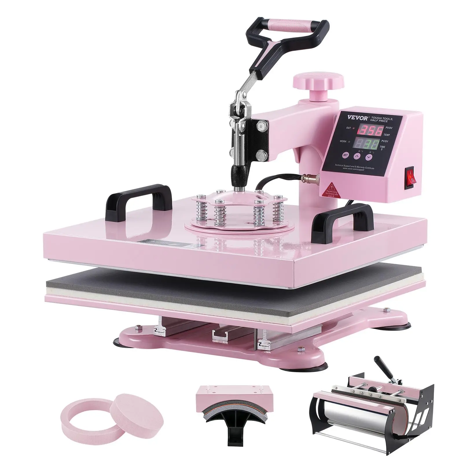 【Summerfinds】VEVOR Heat Press Machine, 15 x 15 inch, 5 in 1 Heat Transfer Machine with 30 oz Tumbler Press, 360° Swing Away T-Shirt Pressing, Digital Precise Control, for T-Shirts/Mugs/Hats/Plates, Pink