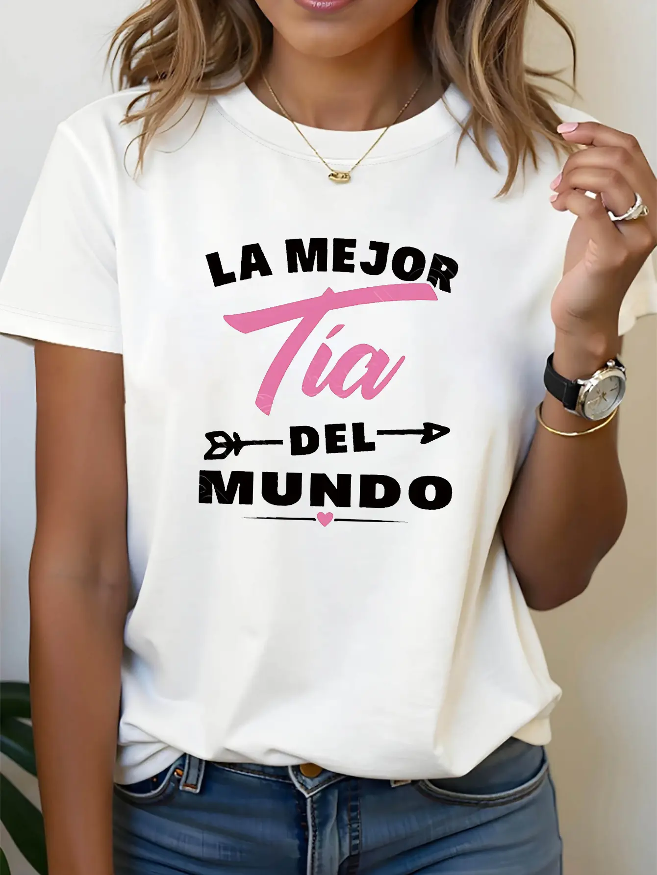 LA MEJOR TIA DEL MUNDO Letter Print T-shirt, Short Sleeve Crew Neck Casual Top for Summer & Spring, Women's Clothing