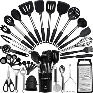 Large Cooking Utensils Set, 35 Pcs Spatula Set with Holder, Silicone Kitchen Utensils Set with Stainless Steel Handle, Cheese Grater, Scissors, Ice Cream Scoop, Pizza Cutter Kitchen Gadgets (Black) Cover Lightweight
