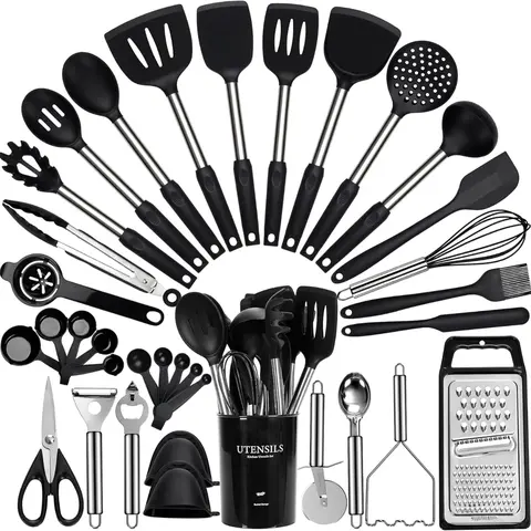 Large Cooking Utensils Set, 35 Pcs Spatula Set with Holder, Silicone Kitchen Utensils Set with Stainless Steel Handle, Cheese Grater, Scissors, Ice Cream Scoop, Pizza Cutter Kitchen Gadgets (Black) Cover Lightweight