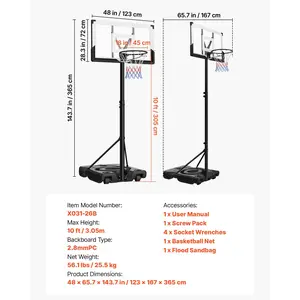 VEVOR Portable Basketball Stand, 10 ft Height Adjustment Basketball Hoop Goal, Portable Basketballs Hoop with 48 inch PC Backboard Wheels for Kids, Teens, Adults in Driveways, Pools, Schools