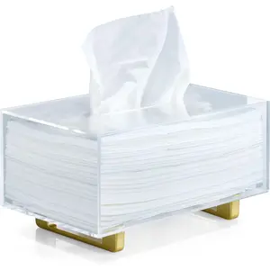 Thick Acrylic Rectangular Clear Tissue Box Dispenser Holder with Gold Plated Aluminum Legs, Suitable for Bathroom, Kitchen, Bedroom, Office, Hotels and Restaurant