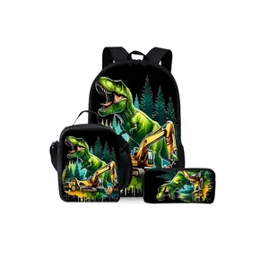 Dinosaur pattern printed 17-inch Backpack for school three-piece set (single-layer backpack + shoulder strap lunch bag + single-layer pencil case)