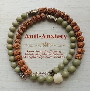 Natural Stone avocado Alxa Beads, Vajra Bodhi Beads with charms, DIY Jewelry 1Necklace + 1Bracelet, Handmade Elastic Jewelry Relief Jewelry for Men and Women, DIY Mental Balance+Necklace & Communication Enhancement