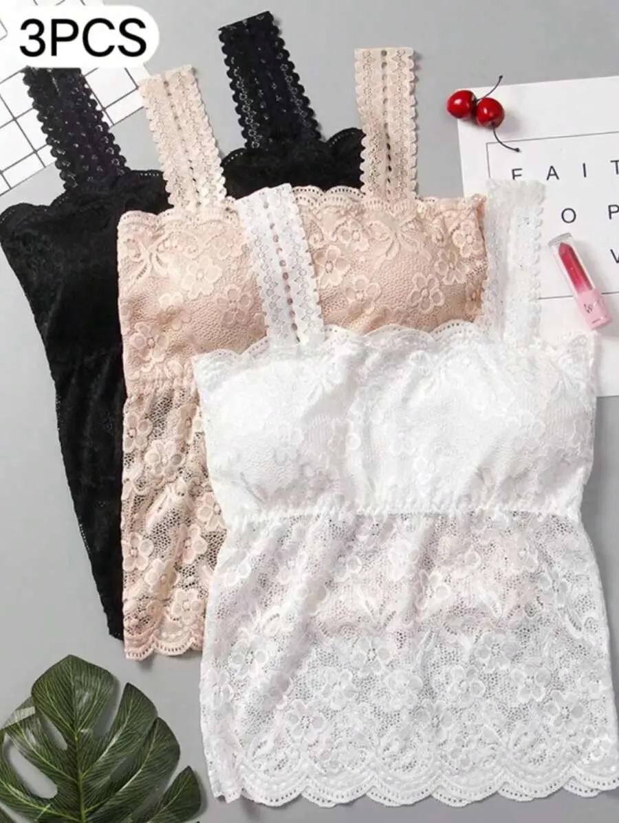 3pcs Lace Camisoles With Built-In Bra Pads, Adjustable Straps, Can Be Worn As A Bottoming Top Or Alone, Workout